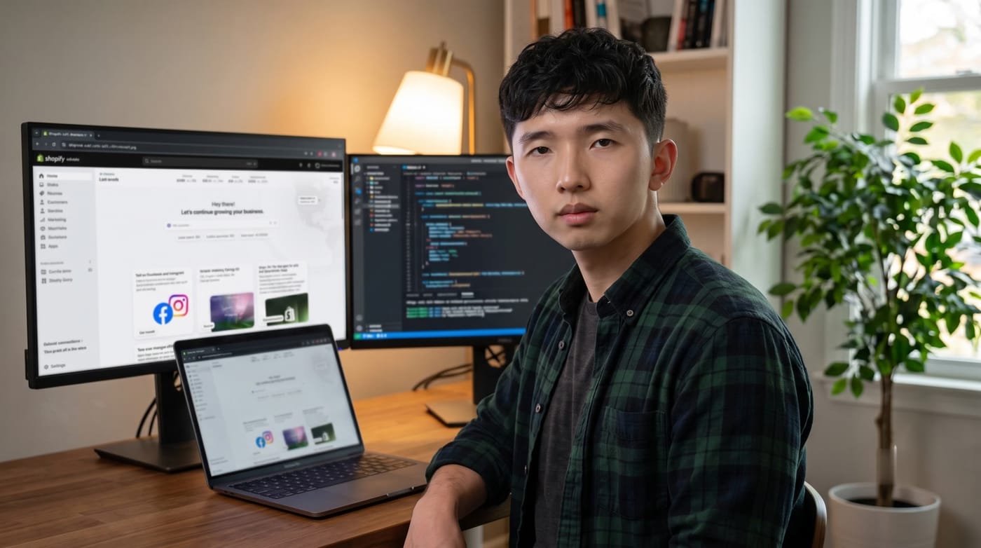 Peter Nowak at his desk, building a Shopify store